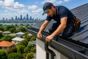Roof plumber inspecting gutters and roof drainage system in Brisbane home