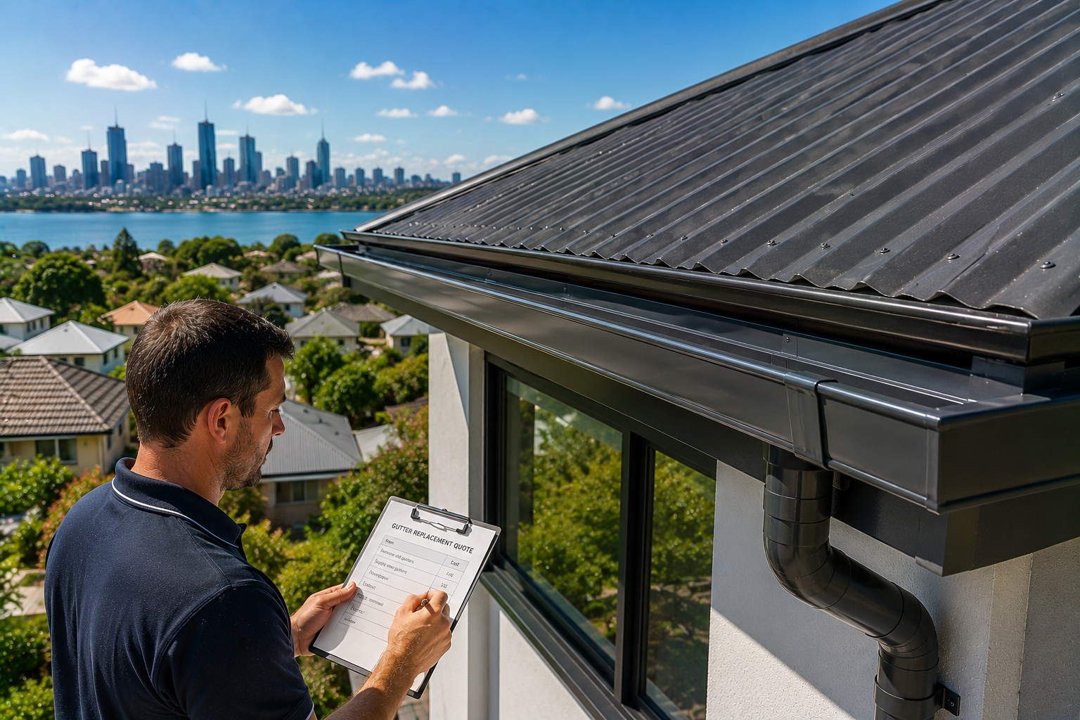 Gutter replacement cost Brisbane with new Colorbond gutters installed on Queensland home